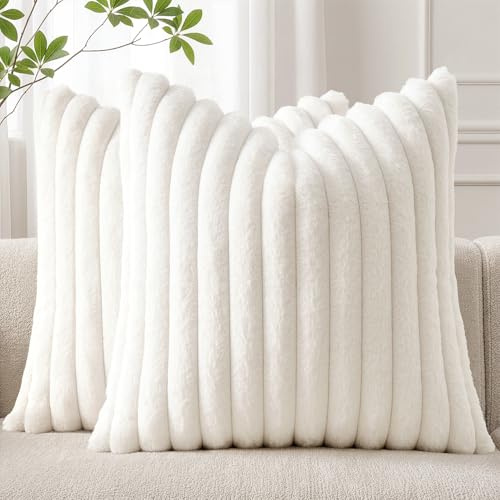 Woaboy 2er Set Kissenbezug 40x40 Flauschige dekokissen White | Flauschige Kissenbezüge Gestreifte Künstlich Pelz Sofakissen Superweich Dekokissen für Wohnzimmer Bett Couch