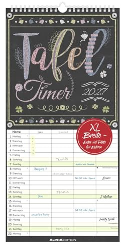 Tafel Timer - 4 Spalten 2027: Familienplaner 22x45 cm mit 4 Spalten, Ferienübersicht, Feiertagen im Kreidetafel-Design, ideal für Familienorganisation