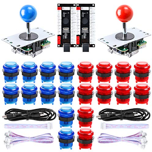 Hikig DIY-Arcade-Machine-Kit für 2 Spieler, 20 LED-Tasten + 8-Wege-Joystick + Zero Delay-USB-Encoder für Raspberry Pi und PC Windows-Spiele (Rot & blau)
