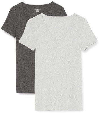 Amazon Essentials T-Shirt Col en v à Manches Courtes Coupe Ajustée Femme, Lot de 2, Charbon Chiné/Gris Clair Chiné, XL