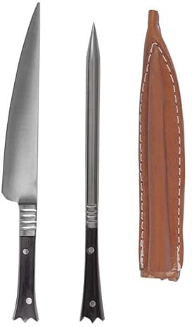 Battle-Merchant Couverts médiévaux en acier inoxydable avec étui en cuir 14 cm, poignées en corne