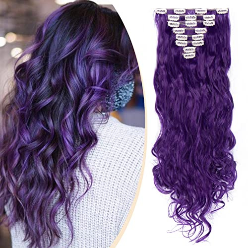 S-noilite Set 8pcs Clip in Hair Extensions Extension Clip Capelli Veri Testa Piena 18Clips Parrucchino 60cm Riccio Viola blu