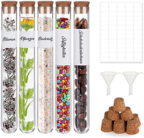 Mocraft 30x Reagenzgläser Glas Reagenzglas mit Korken aus Laborglas 16x160mm Transparent Reagenzröhrchen Glasröhrchen für Blumen inkl. Trichter &Etikette, 20ml