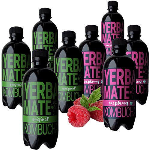 Kombucha Yerba Maté Thé Original 4x400ml + Framboise 4x400ml | Kit de dégustation de 8 bouteilles de 400 ml | Boisson au thé fermenté 100% naturelle | Thé yerba maté avec Kombucha vivant