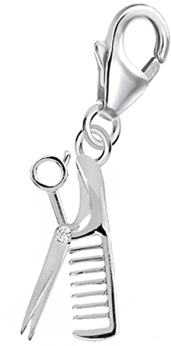Goldene Hufeisen Schneidige Eleganz Charm Anhänger mit Schere und Kamm Echtsilber