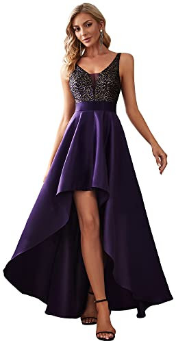 Ever-Pretty Vestito da Sera Scollo a V Maniche Corte Linea ad A Corto Davanti Lungo Dietro da Donna Viola Scuro 42