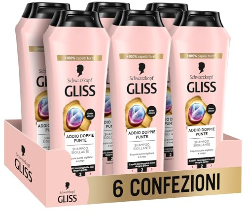 Schwarzkopf Gliss Addio Doppie Punte Shampoo Sigillante, 6 confezioni da 250ml, Shampoo ristrutturante con Complesso Ionico+Olio di Semi di Uva, Prodotti per capelli danneggiati e con doppie punte