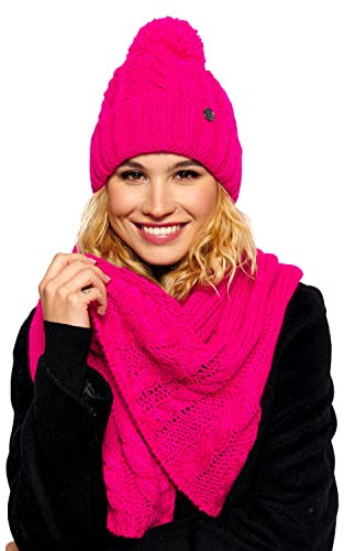 ELIMELI Damen Winter Mütze warme Strickmütze Wintermütze mit Bommel Slouch Beanie Damen für Winter Bommelmütze Hergestellt in EU Farbenauswahl 19005 (Amaranth - Set mit Schal)