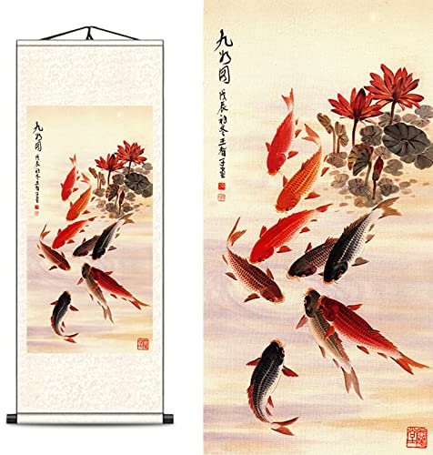 FOVNOT Asiatische Wanddeko, Chinesisch Wall Art Seide Schriftrolle Wandbehang Orientalisch Neun Fisch Deko Wohnzimmer Japanese Malerei Deko Schlafzimmer Wand Schriftrolle Gemälde