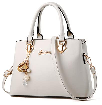 NICOLE & DORIS Sac a Main Femmes Élégant Sac D'épaule Simplicité Sac Bandouliere en PU Cuir Sac Fourre Tout Sacs Portés Main Etanche Pochette avec Chic Pendentif Blanc