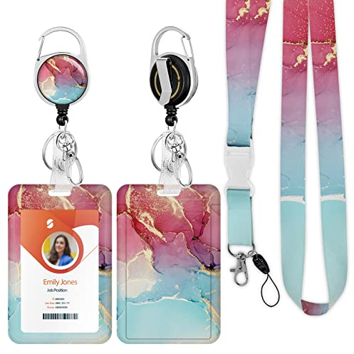 ID Badge Holder mit Lanyard, einziehbare ID Badge Card Holders Abnehmbare Hals Lanyard Strap mit Badge Reel und vertikale ID-Halter für Krankenschwester Studenten (Marble Cyan Red Golden)