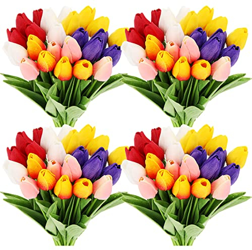 Jutom 96 Stück mehrfarbige künstliche Tulpen, Blumen, Kunst-Pu, künstliche Tulpen, Blumenstrauß, fühlt sich echt an, Blumenarrangement für Frühling, Hochzeit, Ostern, Dekoration, Geschenkidee für