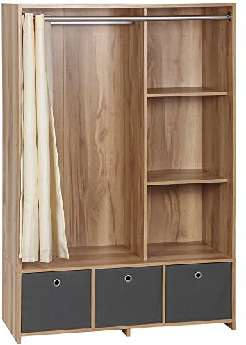HOMCOM Armoire penderie, Dressing avec Rideau, Armoire Chambre vêtement, Garde-Robe avec Tringle, 3 Compartiments et 3 tiroirs en Tissu Amovibles - 105 x 48 x 160 cm, Bois Naturel