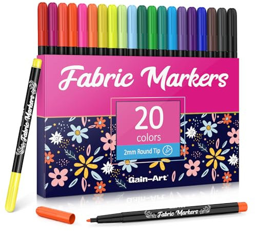 Gain-Art 20 Fabric Pens Permanent for Clothes - Non Toxic Fabric Paint Fine Point Textile Marker Pen Set w/ 5 Painting Templates