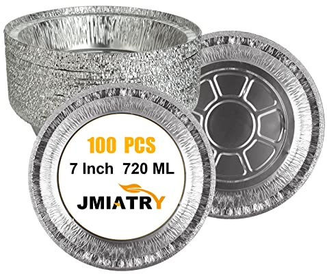 JMIATRY 100 Pcs 7 Inch Round Foil Trays, 720ML Air Fryer Tin Foil Trays, Oil-Proof Non-Stick Aluminum Foils Tray Round for Baking, Cooking, Oven and Air Fryer