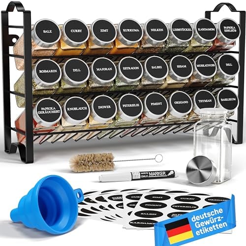 Deco haus® Etagere avec Pot a Epices Lot de 24 Boite avec Étiquettes d'épices Françaises - Rangement Cuisine
