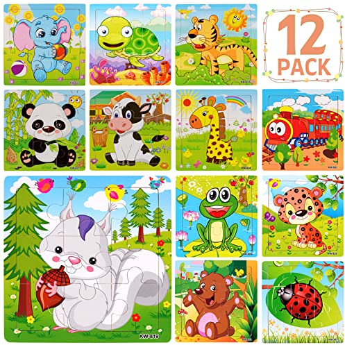 Maliweg 12-Pack Jigsaw Puzzles for Toddlers Wooden Animals Jigsaw Puzzles for Kids Ages 3-8 Years Old, Preschool Educational Puzzles Learning Travel Toys 9 Pieces Per Puzzle