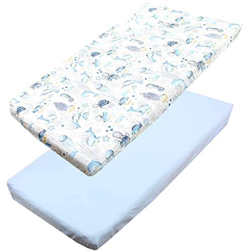 TupTam Baby Spannbettlaken Kinder Spannbetttuch für Babybett Kinderbett 2er Pack, Farbe: Meerestiere Blau, Größe: 90 x 200 cm