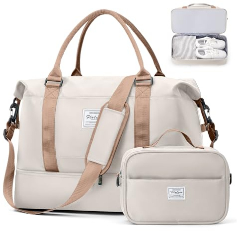 Reisetasche Damen Handgepäck Tasche Sporttasche mit Kulturbeutel Weekender Bag Schwimmtasche Wasserdicht Travel Duffle Bag Fitnesstasche Trainingstasche Krankenhaustasche mit Schuhfach,C11-Beige Braun