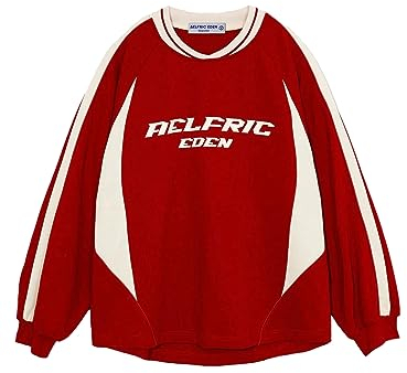 Aelfric Eden Damen Oversized Sweatshirt Ohne Kapuze Herren Vintage Raglan Patchwork Streifen Langarmshirt mit Logodruck Rot, S