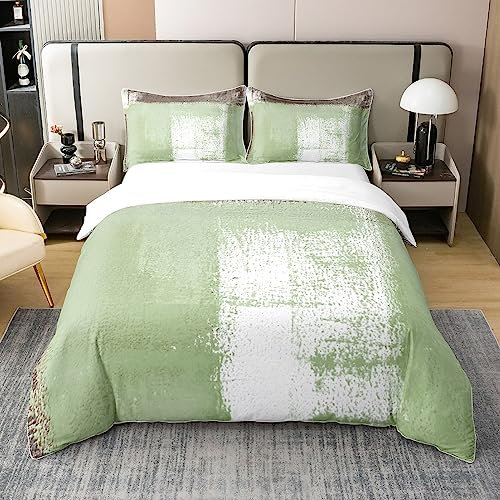 Juego de funda de edredón 100% natural verde degradado, juego de ropa de cama gris degradado, funda de edredón grunge para niños y niñas, juegos de cama geométricos de tinta fluida de acuarela con 1