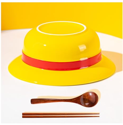 DVJEPJ Straw Hat Ramen Bowl (Ceramic Bowl + Wooden Spoon + Chopsticks) for Anime Fans