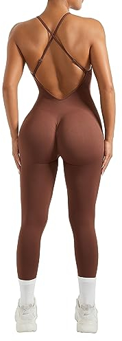 RXRXCOCO Spaghetti Strap Gerippte Jumpsuit Damen Eng Rückenfreie Padded Overall Bauchweg Yoga Sport Einteiler Romper Bodysuit Braun S