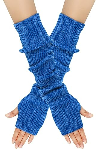 MoreChioce 1 Paar Frauen Lange Fingerlose Handschuhe, Winter Gestrickt Armstulpen Ellenbogenlange Handgelenk Pulswärmer Damen Halbfingerhandschuhe Fäustlinge Strickhandschuhe mit Daumenloch,Blau
