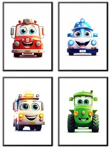 generisch MJ-Graphics - Poster Set freundliche Fahrzeuge für Kinderzimmer & Spielzimmer - 4 Wandbilder Din A4 extra dickes Posterpapier - Auto Bilder ohne Rahmen