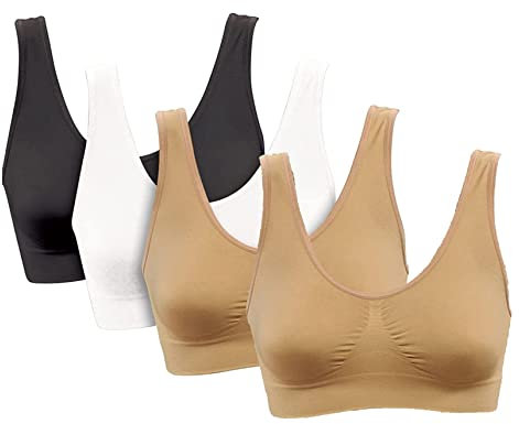 PBE 4 Pack Super Comfort Bra, Thick Double Material Women's Sleep Bras, Sports Bra, Premium Quality, Seamless, No Wires! - 4 Pack Black/White/Nude/Nude - Large