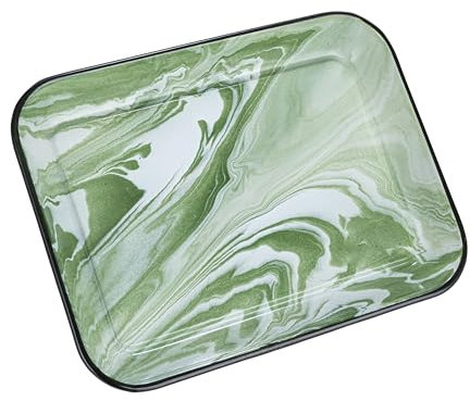 Creative Co-Op Plato esmaltado con borde verde y patrón de mármol, verde y blanco
