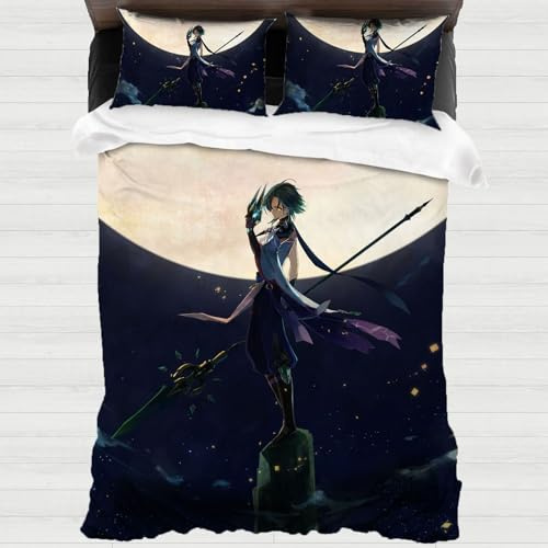 XYOK Genshin Impact Bettwäsche 3teilig 135x200cm Bettbezüge mit Reißverschluss - Bettwäsche Set 2 Kissenbezüge 80x80cm Fanartikel (Schwarz)