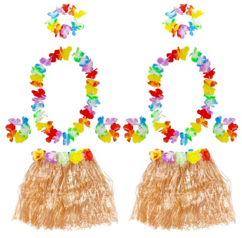 FUIPVGI 10 Stück Hawaii Hula Set Hawaii Party Kostüm Set, Hawaii Kostüm Damen, Hawaiianisches Hula-Set mit Grasrock Halskette Armbänder Stirnband, für Sommer Beachparty Deko Geburtstags