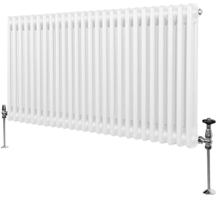 Traditioneller 2-Spalten-Heizkörper 600 x 1192mm | Horizontaler Wandheizkörper | Glänzender Weiß Kohlenstoffstahl | Wohn- Badezimmer Küche [Inkl. Reinigungsbürste, Befestigungsset & Halterungen]