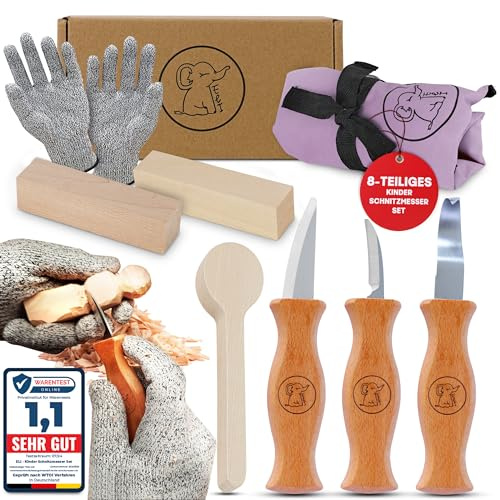Eli® Schnitzmesser Kinder Set ab 6 Jahre inkl. Handschuhe und Schnitzholz | hochwertiges 5-teiliges Kindermesser Schnitzset - Kinderschnitzmesser - Schnitzwerkzeug - Taschenmesser - schnitzen Geschenk