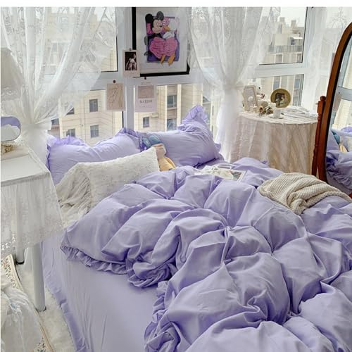 Magic bedding Lilac Color Ruffled Duvet cover, 100% Washed Cotton Duvet cover, Boho Duvet cover, Cotton bedding duvet cover, 3 Pc Set Ruffle duvet cover & Pillows (Single 54X80)
