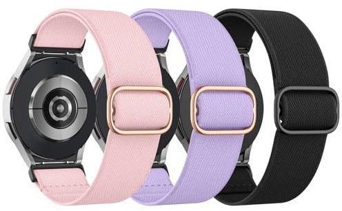 Astorgos 3 Pack Bracelet Élastique en Nylon Compatible avec Samsung Galaxy Watch 7 FE 6 5 4 40mm 44mm/Watch 6 Classic 43mm 47mm/5 Pro 45mm/4 Classic 42mm 46mm, Bracelet Extensible en Tissu, N+R+V