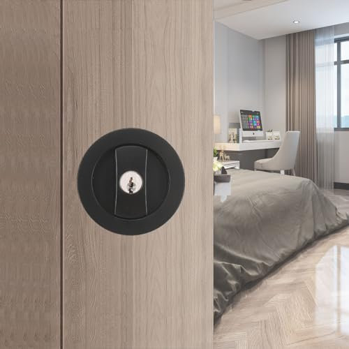 Betensh Redondo Cerradura para Puertas Correderas Manilla para Puerta de Bolsillo con Llave Manilla Invisible para Puertas Empotradas juego de manijas invisibles de 66 mm negro