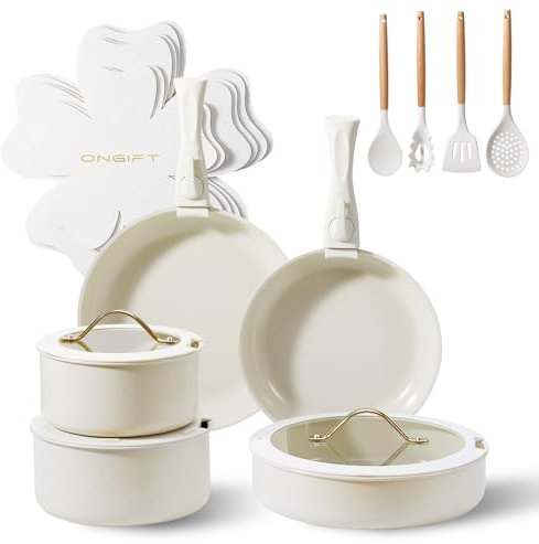ONGIFT Lot de 20 casseroles et poêles en céramique antiadhésives, avec poignée amovible, non toxique, sans PFAS, PTFE et PFOA, passe au lave-vaisselle/four, poignée amovible pour la cuisine, blanc