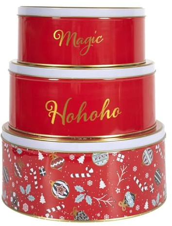 HOME DECO FACTORY Set de 3 Boîtes en Métal Décoratives de Noël Rouge | Métal, set de 3 boîtes décoratives de Noël, conservation, thé café et gourmandises, cuisine, rouge