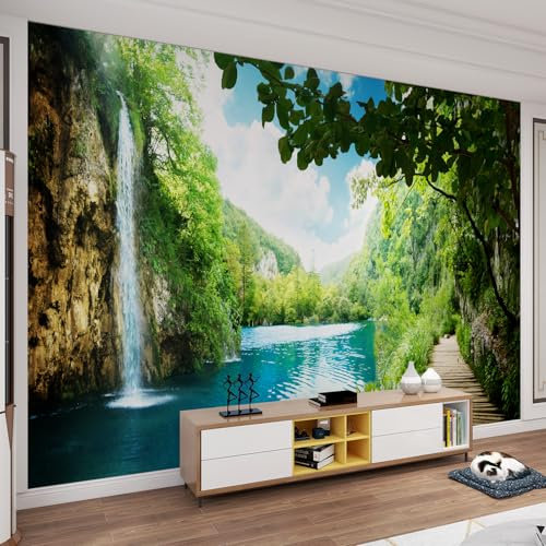 QDJKBL Green Forest Waterfall Wall Murals Natural Scenery Outdoor Wooden Bridge Trail Large Wall Murals Wall Paper Decor Bright Color Light Texture for Kitchen Dining Kids Room - 150 x 100 cm