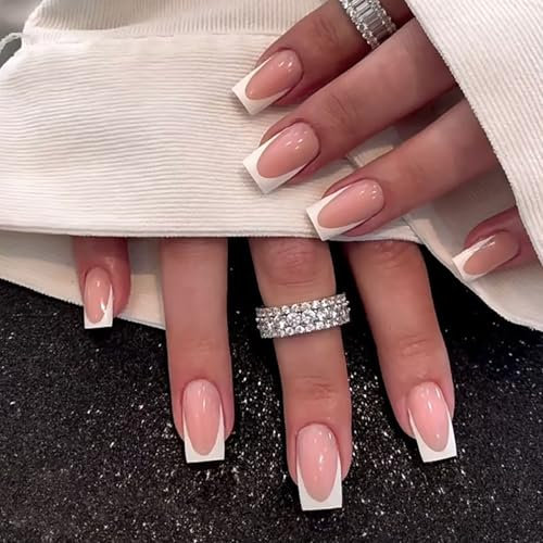 French Tip False Nails - 24 Short Flat Head & White Pieces for Easy Press-On Application, Perfect for Nail Art & Acrylic Nails with Included Adhesive, Convenient Nail Supplies, Stick-On Style