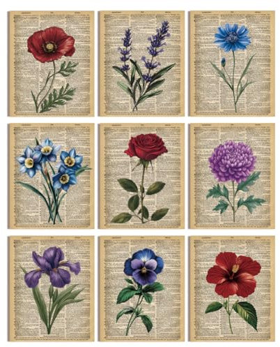 WEBEEDY 9 Styles Vintage Blume Wandkunst Bunte Blumen Botanische Wanddekoration Rote Rose Blau Lila Blume Vintage Poster Prints für Zimmer Büro Haus Dekoration, 20x25cm