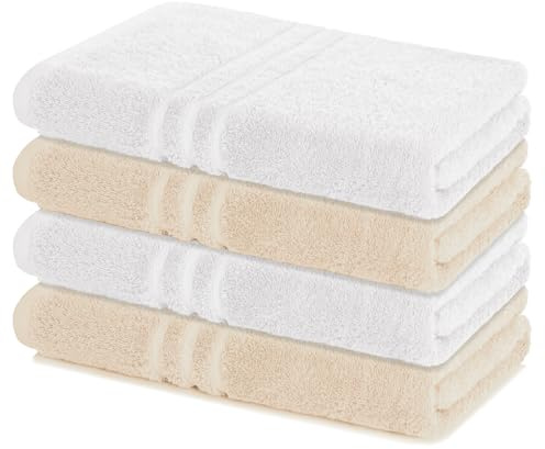 Lavea® 4er Set Duschtuch 70x140, 4 Stück, 100% Baumwolle Frottee, saugstark, weich und strapazierfähig, waschbar 60°C, trocknergeeignet, Handtuch, Handtücher, Duschtücher, Weiß & Creme