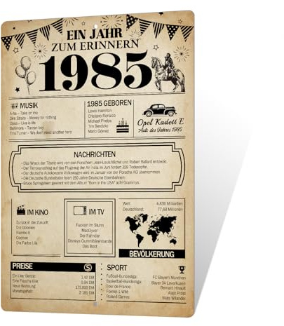 Putuo Decor Blechschild Wandschild 1985 Retro Design, Historischer Jahresrückblick Jahrgang Poster Nostalgie Deko, Geburtstagsgeschenk für Zuhause Bar Café Vintage Beige, 12 x 8 Zoll