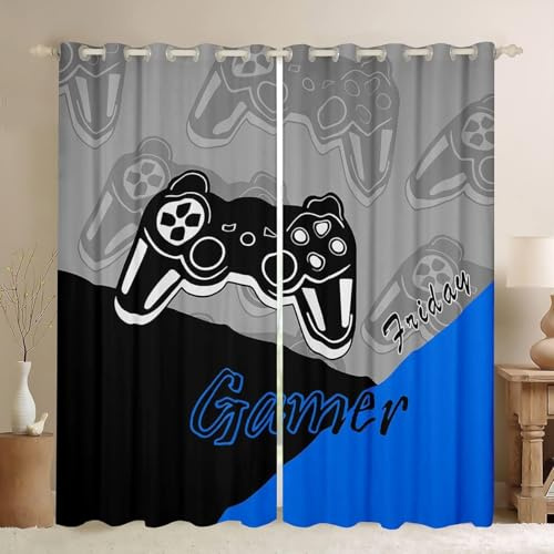 Loussiesd Gamer Fenstervorhang 175x140cm für Schlafzimmer Teens Jungen Gaming Vorhang Gamepad Home Decor Player Videospiel Wärmeisoliert Blickdichte Vorhänge Gardinen Schwarz Blau Grau