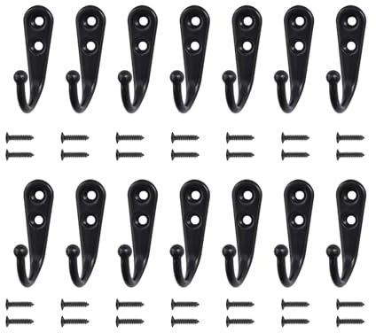 14 Pcs Coat Hooks,Wall Hook Black Metal Hanging Clothes Screw in Hat Key Mounted Single Cupboard Door Robe Modern Ornament Decorative Display Mountable Screws,for Hang in Bedroom Bathroom Kitchen