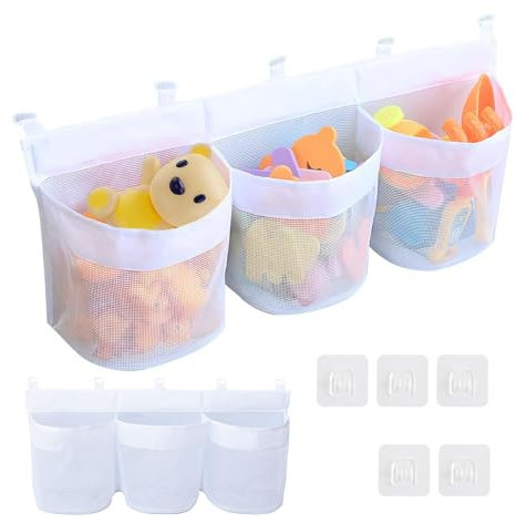 Porta Giocattoli per Vasca da Bagno in Rete con 3 Scomparti - ExtraLarge con 5 Ganci Adesivi, Ideale per Bambini e Doccia, Bianco