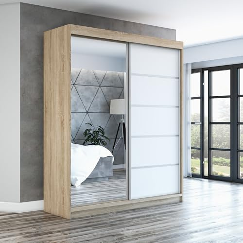 A&J MöbelLand Schwebetürenschrank GAPI Kleiderschrank 2-türig mit Spiegel, Garderobe 180 cm (Sonoma/weiß/weiß)