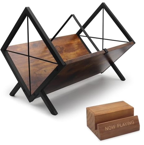 KATLKIU Set di scaffali per dischi in vinile, supporto in legno massello e supporto per dischi LP in ferro, grande capacità per 80-100 LP, organizer per album, CD, libri, riviste